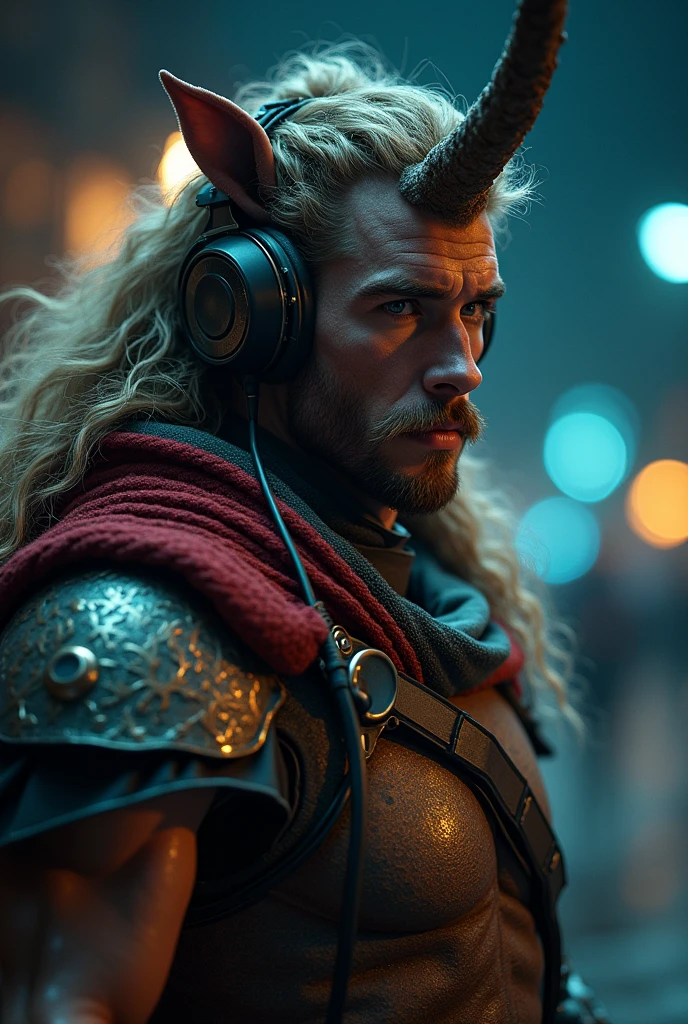 masterpiece, highest quality, 1man as a centaur (full body), extremely detailed face and eyes, detailed full body, detailed hair, detailed legendary archer outfit(epic move), headphones, (low angle view), night, colorful, cinematic lighting, photorealistic, 8k, hyper detailed, intricate details, (best quality), (realistic), (masterpiece)