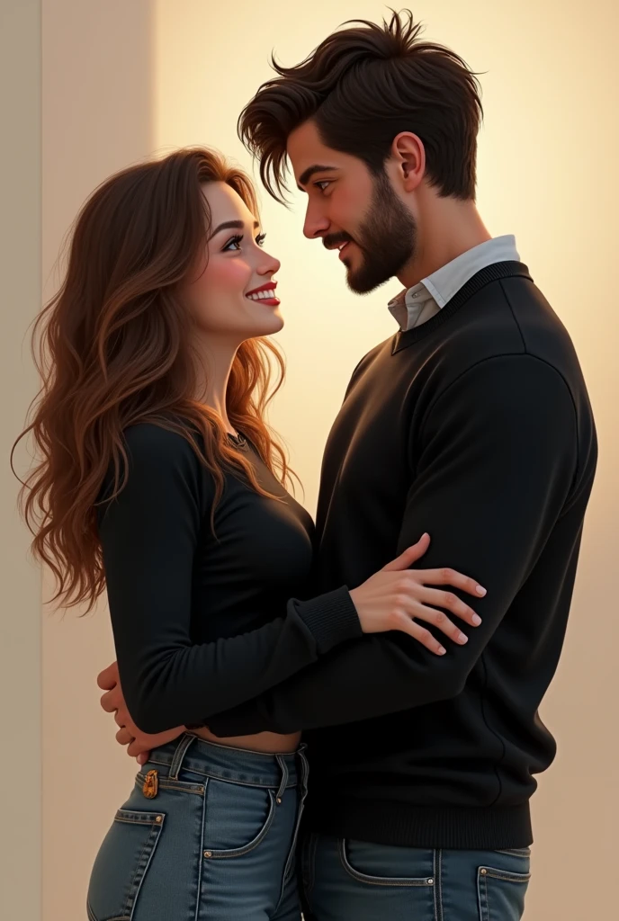 Create an image of Robert Pattinson kissing a girl with a youthful face with dark brown hair that has blonde highlights, cut below shoulder height. Her skin is light brown, but with a healthy tone. Her eyes are a warm, very dark brown and her lips are painted a vibrant red.. Her cheeks have a slight blush, which gives it a fresh and cheerful air. She is wearing a black turtleneck sweater that highlights her figure and, when smiling, radiates a positive and friendly energy