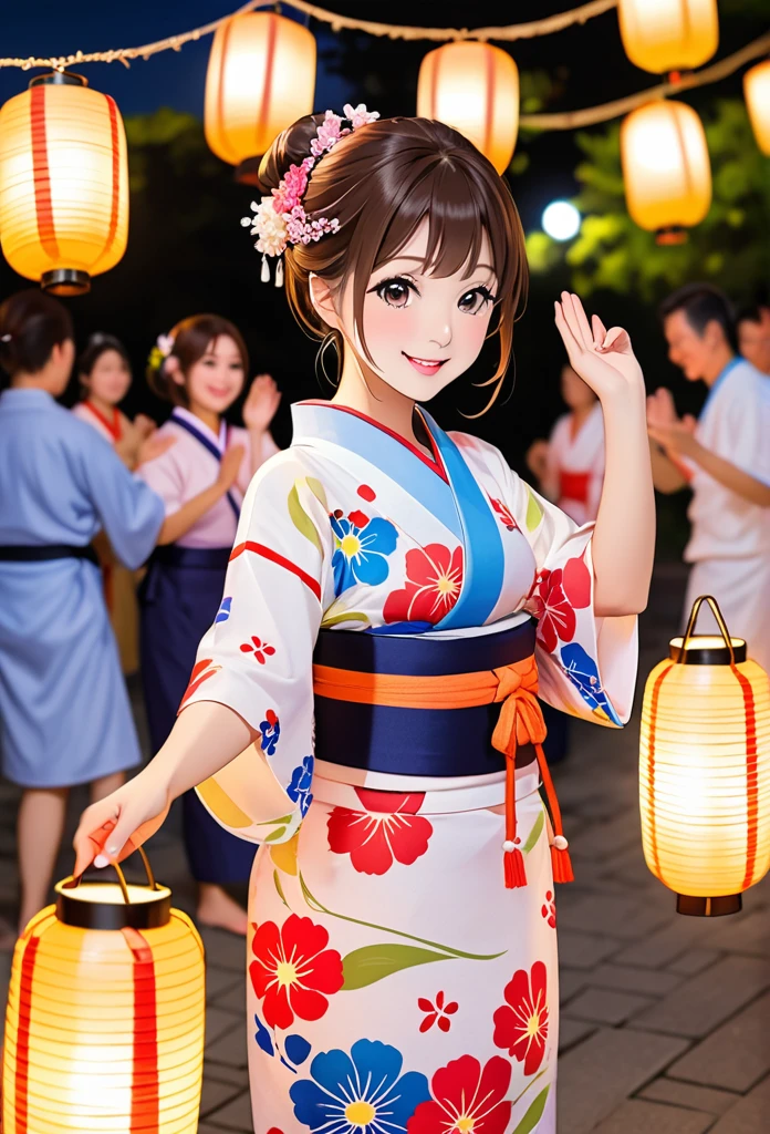 Highest quality、High resolution、Detailed Background、age beauty、Detailed face、cute hair color、Bun Hair、Perfect body line、(Lively girl dancing at Bon Odori venue:1.5)、(Dancing with hands up high:1.5)、night、A lot of girls、Festivals、Bon Odori venue、A big smile、Cute patterned yukata、dancing lively、Waving your hands back and forth、Waving your hands left and right、Coordinated hand and foot movements、Traditional Japanese summer festivals、Bon Odori is held at night, so lanterns and other lights are lit up, creating a fantastic atmosphere.、cute