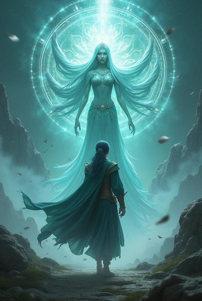 Jin woo solo levelimg as semi elf 1.99m Green eyes, very dark blue hair, 25 years old and 82 Kg, in good shape With the goddess Erathis in the background 


