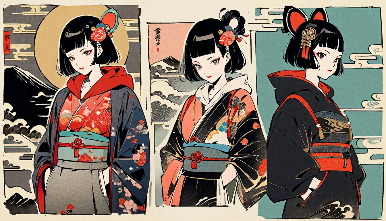 (((Ink Painting))), (((1 girl))), (((whole body))), (((Very flashy hair accessories))), (((Very flashy makeup))), Japanese style headphones, Japanese pattern hoodie, Put on the hood, Put your hands in your pockets, Japan人の美女, Black Hair, Delicate and precise, Modern ukiyo-e style,Japan
