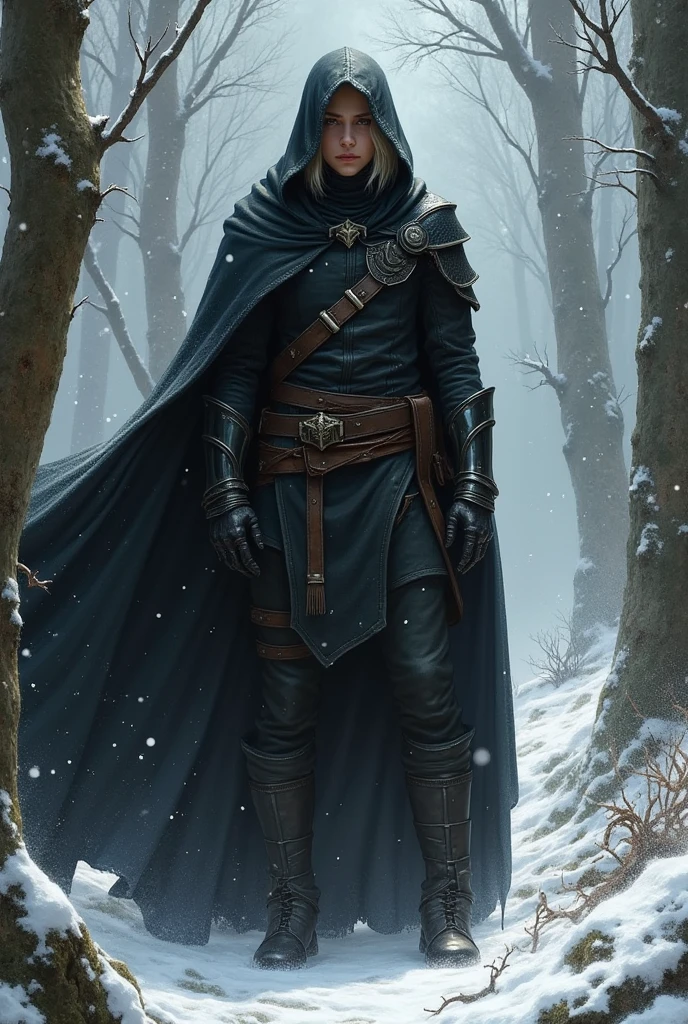 Wood Elf Ranger, with medium white blonde hair, An elf dressed in a black ranger, serious look, in black cuirass armor, Ranger Warrior, Elf in a hood, thin and tall, Full length, Scrawny, very high, enigmatic, hooded, Wearing a black cape on his back, in front of a forest background in the winter, medieval times, fancy, He is bitter and specializes in hunting hellish creatures that invade his plane..