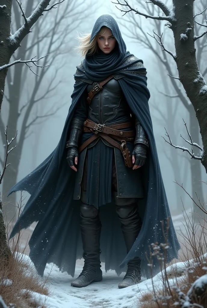 Wood Elf Ranger, with medium white blonde hair, An elf dressed in a black ranger, serious look, in black cuirass armor, Ranger Warrior, Elf in a hood, thin and tall, Full length, Scrawny, very high, enigmatic, hooded, Wearing a black cape on his back, in front of a forest background in the winter, medieval times, fancy, He is bitter and specializes in hunting hellish creatures that invade his plane.. 