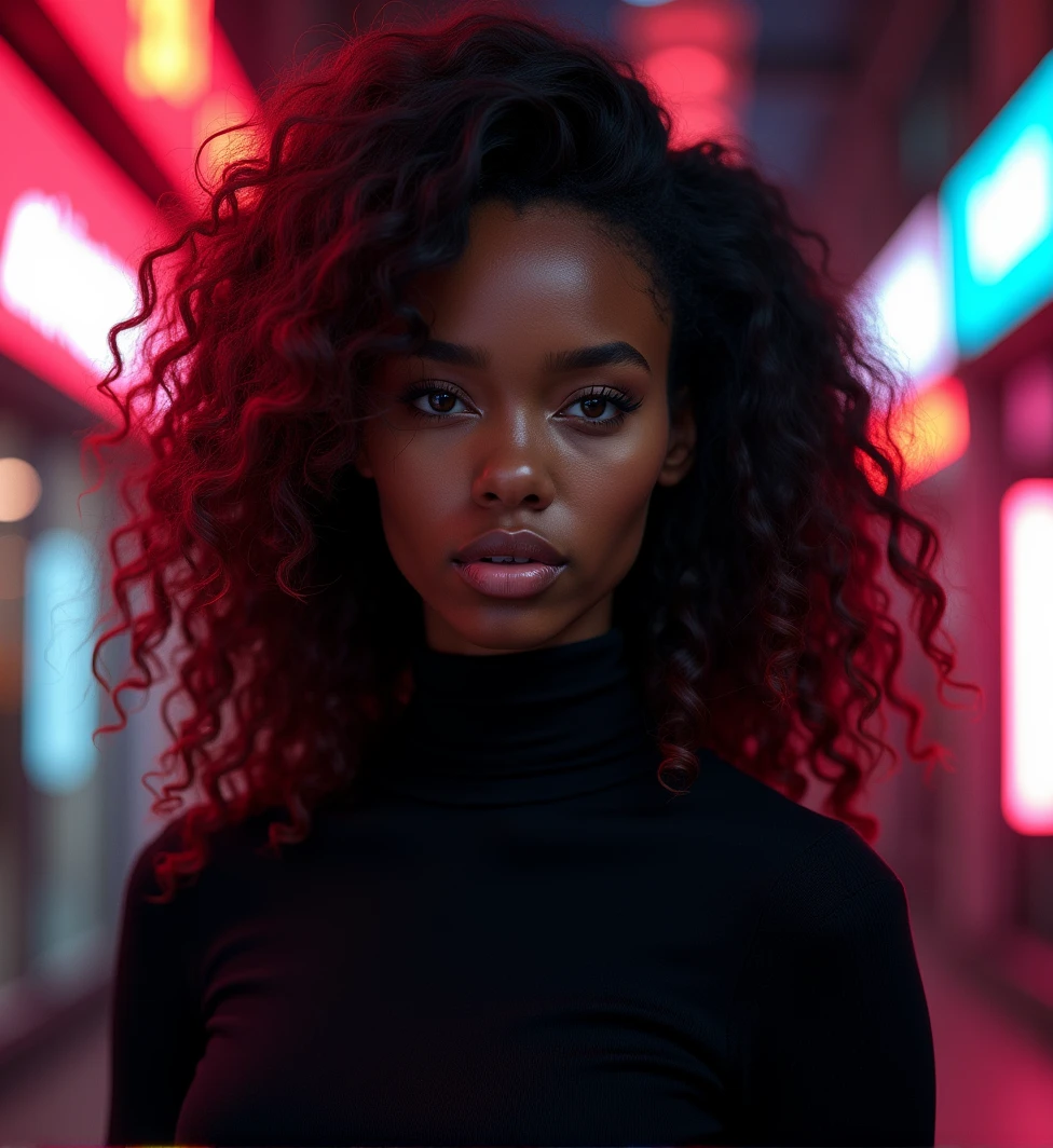 a beautiful detailed black girl with long curly black hair, tips of chestnut red hair, wearing a black sweater, provocative gaze, cyberpunk environment, best quality, 8k, high res, masterpiece, ultra-detailed, realistic, photorealistic, vivid colors, hdr, dramatic lighting, conceptart