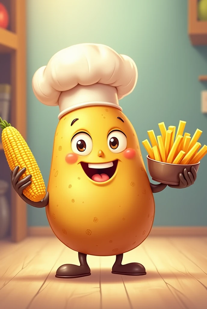 Create a picture of a smiling potato with a cute face, who has a chef&#39;s hat, that has feet and that in the right hand has a prepared corncob and in the left some French fries, that it is an animated cartoon type 