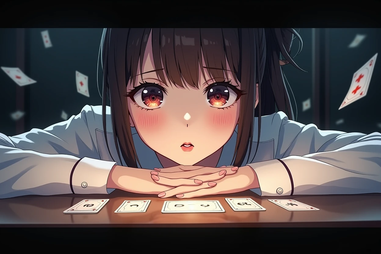 a Japanese psychic girl glaring at a table of ESP cards, detailed face, beautiful eyes and lips, long eyelashes, porcelain skin, elegant hairstyle, white school uniform, sitting at a table, intense expression, floating ESP cards, dramatic lighting, photorealistic, highly detailed, cinematic, vibrant colors, digital art