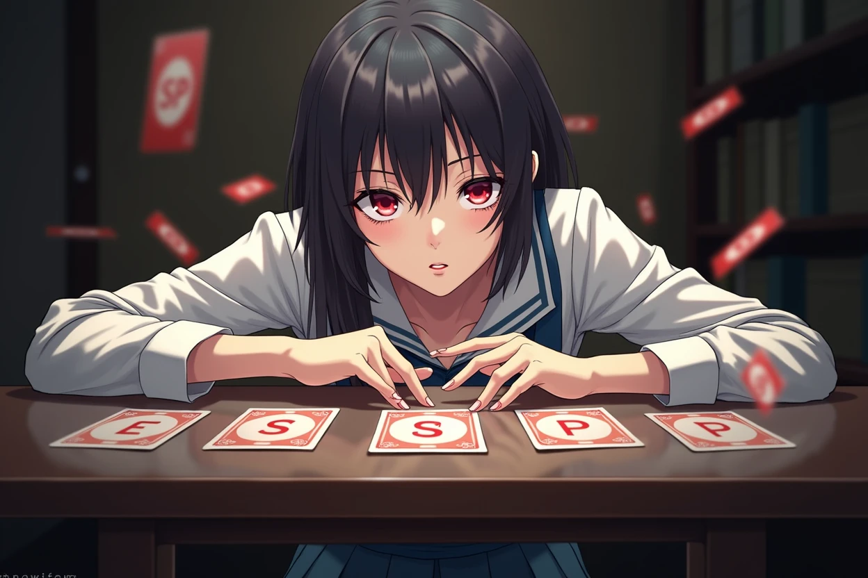 a Japanese psychic girl glaring at a table of ESP cards, detailed face, beautiful eyes and lips, long eyelashes, porcelain skin, elegant hairstyle, white school uniform, sitting at a table, intense expression, floating ESP cards, dramatic lighting, photorealistic, highly detailed, cinematic, vibrant colors, digital art