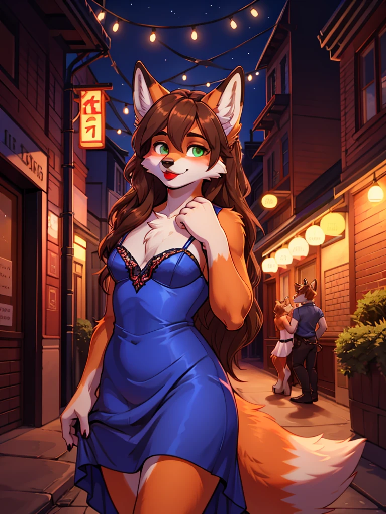 Best quality, furry male fox with green eyes, with brown long hair, with black spout, with red lipstick on lips, big lips, in a blue dress, crossdressing, shy, shows its charms, sexy pose, portrait, Against the background of the night street 