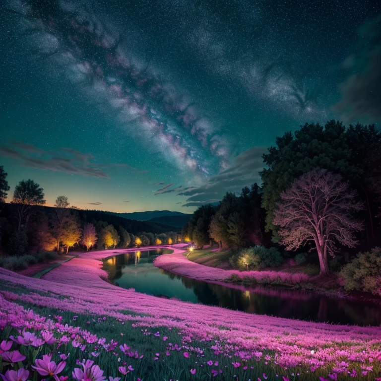 (magical pretty night sky green stream overlay scene), (sky), (clouds), soft lighting, clean background, Beautiful landscape, masterpiece, high quality, beautiful graphics, high detail, epic landscapes, USA, flowers, clouds, (night starry sky, river behind, huge old trees behind, Falling glowing pink petals behind)