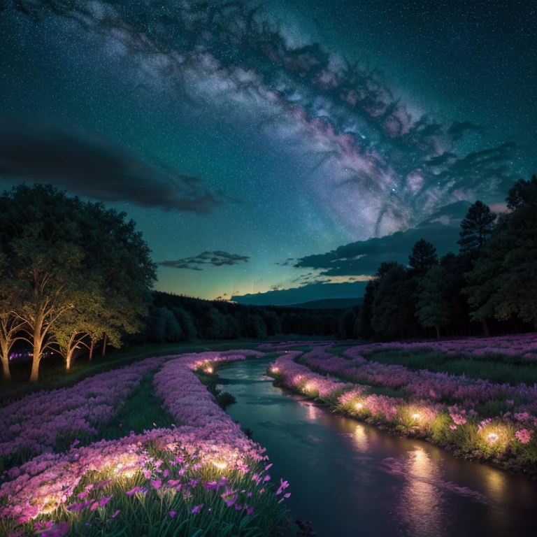 (magical pretty night sky green stream overlay scene), (sky), (clouds), soft lighting, clean background, Beautiful landscape, masterpiece, high quality, beautiful graphics, high detail, epic landscapes, USA, flowers, clouds, (night starry sky, river behind, huge old trees behind, Falling glowing pink petals behind)