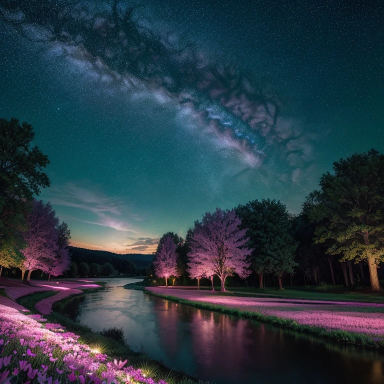 (magical pretty night sky green stream overlay scene), (sky), (clouds), soft lighting, clean background, Beautiful landscape, masterpiece, high quality, beautiful graphics, high detail, epic landscapes, USA, flowers, clouds, (night starry sky, river behind, huge old trees behind, Falling glowing pink petals behind)