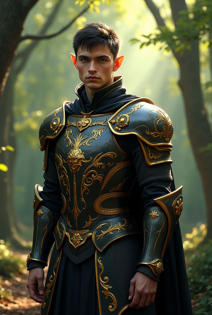 A forest elf, light beige tez. Short black hair and dark blue eyes. 1.70 cm tall. His ears are cropped. He is a paladin in shiny, gold and black armor.. It’s western