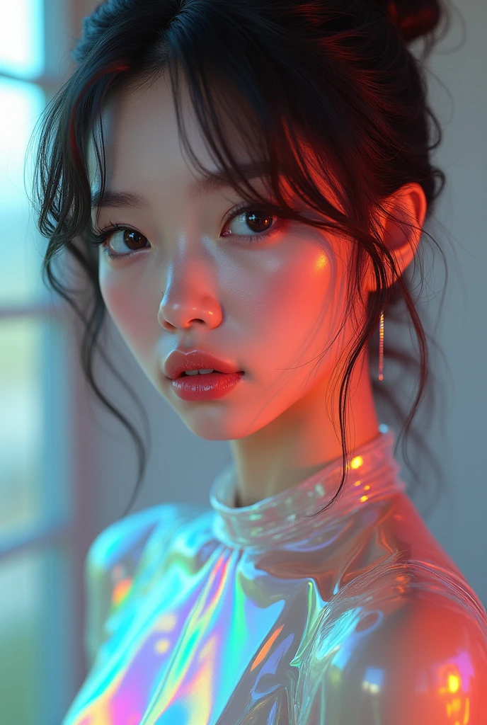 a girl wearing a transparent plastic dress that reflects rainbow colors, beautiful detailed eyes, beautiful detailed lips, extremely detailed eyes and face, long eyelashes, photorealistic, 8k, high quality, masterpiece, ultra-detailed, vivid colors, studio lighting, physically-based rendering, digital art, concept art