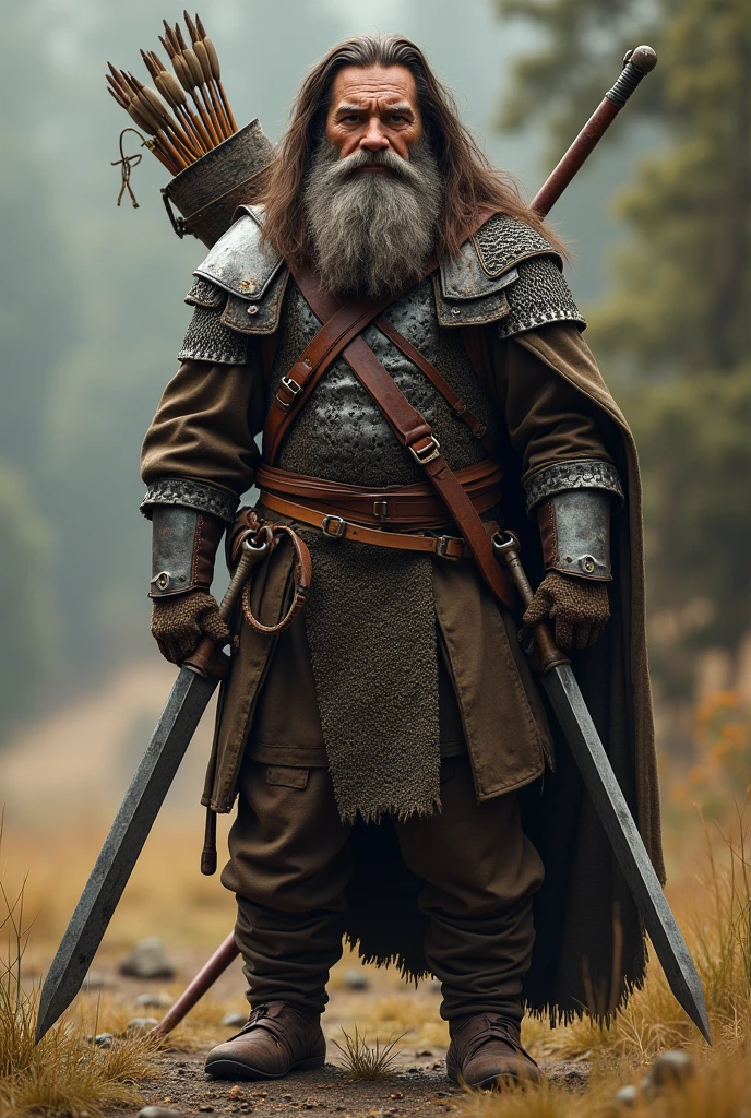 31 old man with a beard, some face wrinkles, Brown long hair and Brown eyes, good muscle definition, around 1,76 cm of height wearing a scale mail two shortswords and a large bow with and quiver. An Explorer