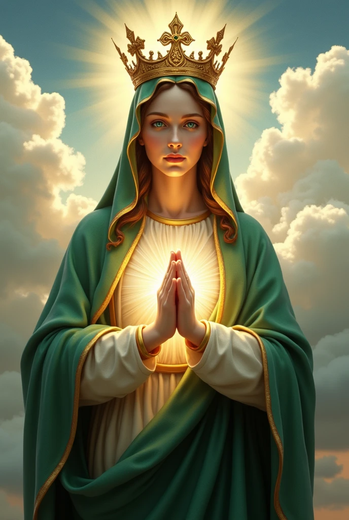 Perfect hand 5 finger, Portrait of a beautiful virgin mary wearing green clothes of queen with the queen crown shining the light from her head and heart all over in the clouds, virgin mary, real blue eyes, sunny day, intricate details.real virgin mary, straight head face, Straight body.Prayer virgin mary, perfect full body,  perfect hands finger,Prayer virgin mary, praying virgin mary backgrounds natural photographic