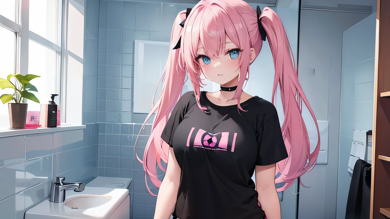 a 20 year old girl, with pink hair tied in two pigtails and blue eyes, big breasts, very thin, black t-shirt showing the navel, short skirt, is in a bathroom.