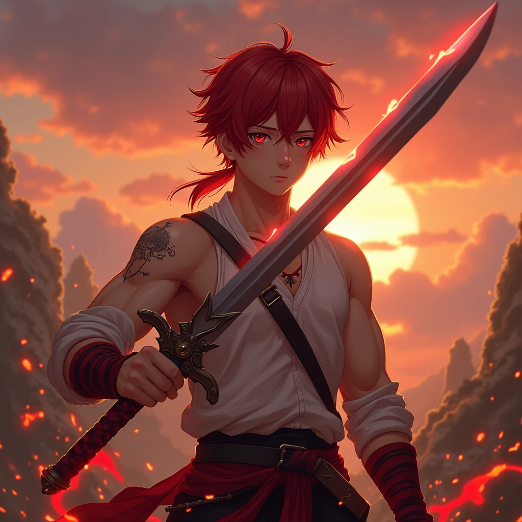 ((Masterpiece)) ((Ultra-detailed)) ((Fantasy)) An 19 years old boy, Red mullet hair, Scar on eye, Perfect figure, anime face, perfect muscle, shoulder, bicep, tricep, holding heavy sword, perfect art, Glowing red particle, at battlefield on sunset