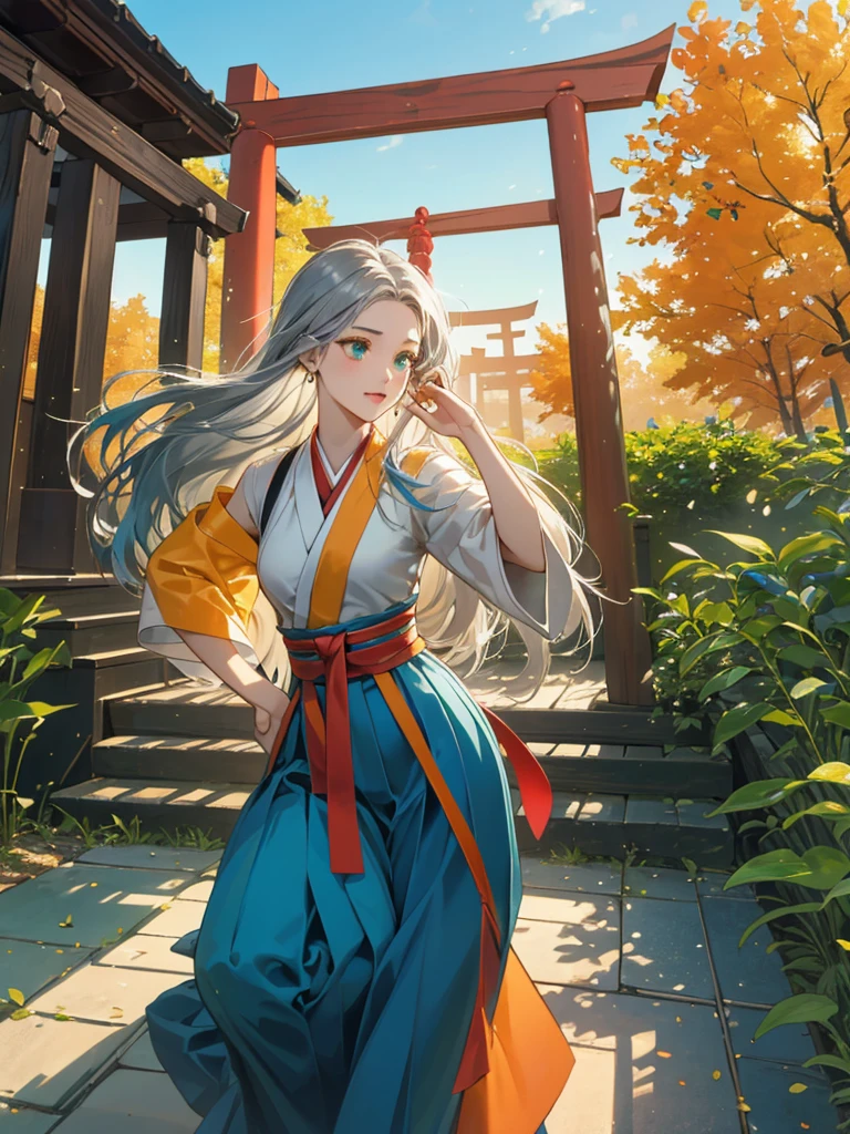 ((Highest quality)), ((masterpiece))、Small breasts、background（Magnificent View）、View from afar、Multiple people、Two women、Two shrine maidens、Dance together、prayer、Uplifting、(Blue and silver long hair、Blue-green eyes)、(Scarlet long hair、Orange eyes)、Miko costume、Hakama、shrine、anime