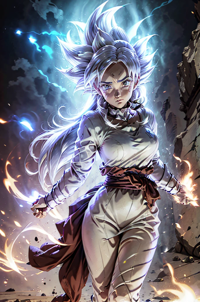 8k, Best Quality, masterpiece, Victoria Villarruel dressed as Vegeta, 1 girl, ultra_instinct, white_hair, glowing aura, bright white long hair, floating hair raised, bright silver eyes, slim with wide hips, serious mocking expression. outdoor, clearing, plain, desert.