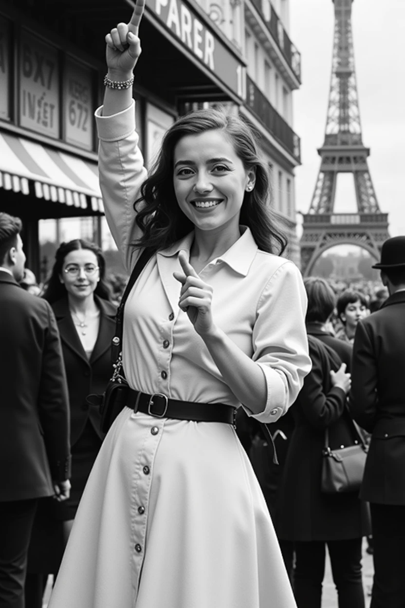 monochrome film, Monotone color ,1944 years, Liberation of Paris、Happy Crowd、 A Parisian girl , 21 years-old, beautiful girl, （big smile),gesture is peace sign, 1 V sign, on street ,in Paris cafe, standing pose, around Paris people with French frag, noon ,((Surrealism, multiple monochrome, UHD, masterpiece, accurate, anatomically correct, textured skin, super detail, high details, award winning, high quality, best quality, 4K))