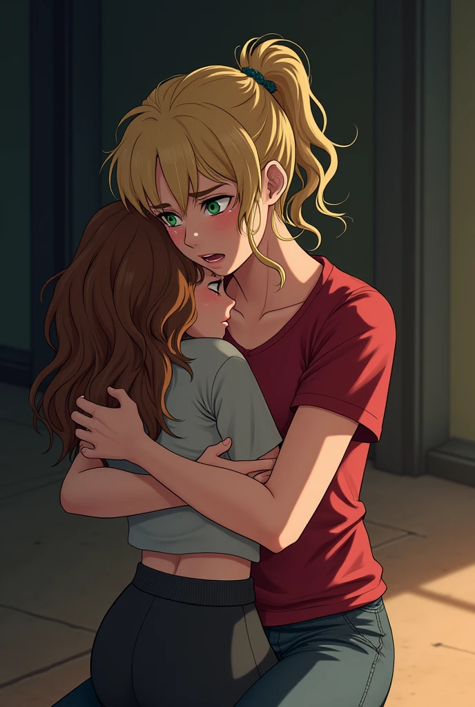 A blonde woman, with curly hair in a ponytail and a red shirt, holding another woman unconscious with brown long curly hair, on the ground in a protective manner, crying, with a dramatic tone, holding her closely against her chest. Create images in various drawing styles, anime and comic