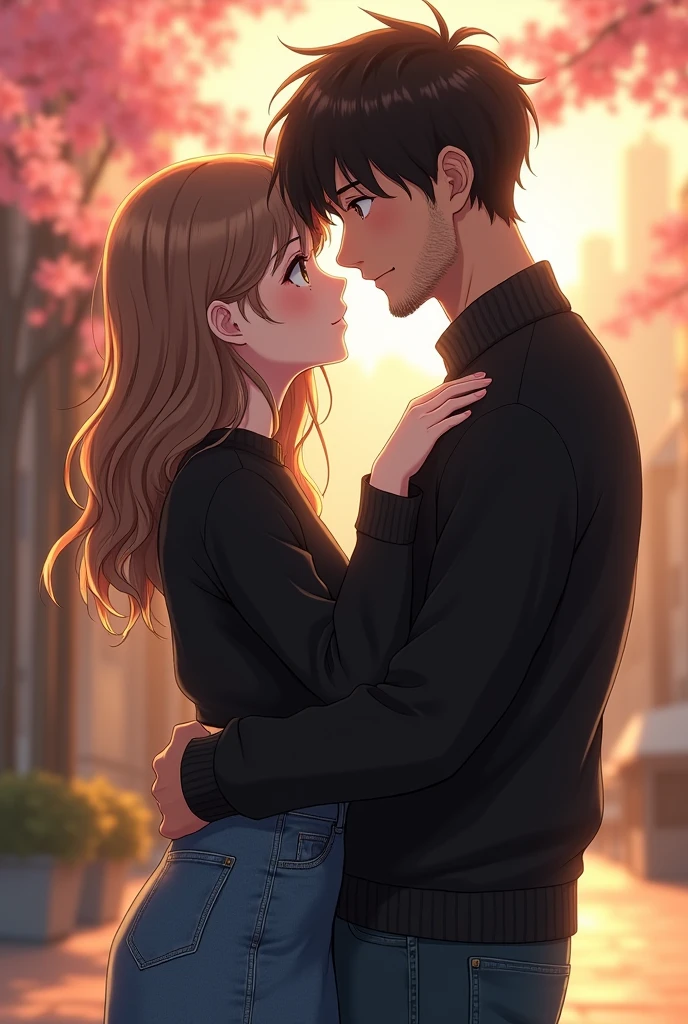 a couple, The slightly chubby girl with white skin,very light brown wavy hair, with light brown eyes, with a jean skirt and a black sweater and the boy with very short, slightly wavy, black hair, with beard, slightly dark skinned, of a black sweater and jeans in anime