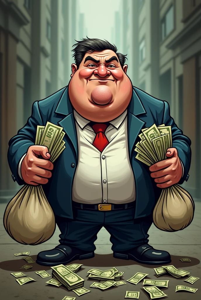 A cartoonish and obese politician, with a cunning face and bags full of money, symbolizing how, without Catharsis, The politician becomes a "social parasite and charlatan."