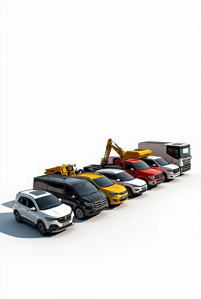 All four to twelve wheeler vehicles like car, Tempo, mini,tempo,truck,crane, Bus, van, forming tractor,dump truck, JCB, Heavy truck, Tractor,proc liner, etc...all vehicles are in side by side with white background used for banner 