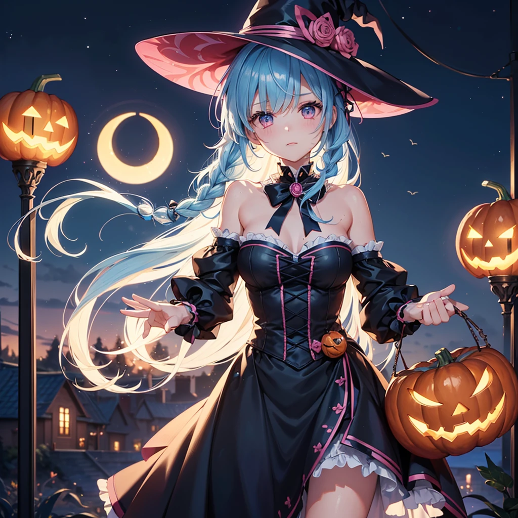 (Sky Blue Hair),(Braided medium hair), (Pink Eyes),Fair skin) ,(whole body),(One Girl),(Crescent Moon),(There are many pumpkin ghosts in the background),(If you don't give me sweets, I'll be mischievous.),Halloween Night Party),(masterpiece, Highest quality, Very detailed, Best Shadow), (Detailed Background), (Beautifully detailed face), High Contrast, (Best lighting, Very delicate and beautiful), ((Cinematic Light)), Hyper Detail,8k, Dramatic Light, Intricate details,Witch&#39;s Clothes,Magic broom,night,Flying bats in the sky,