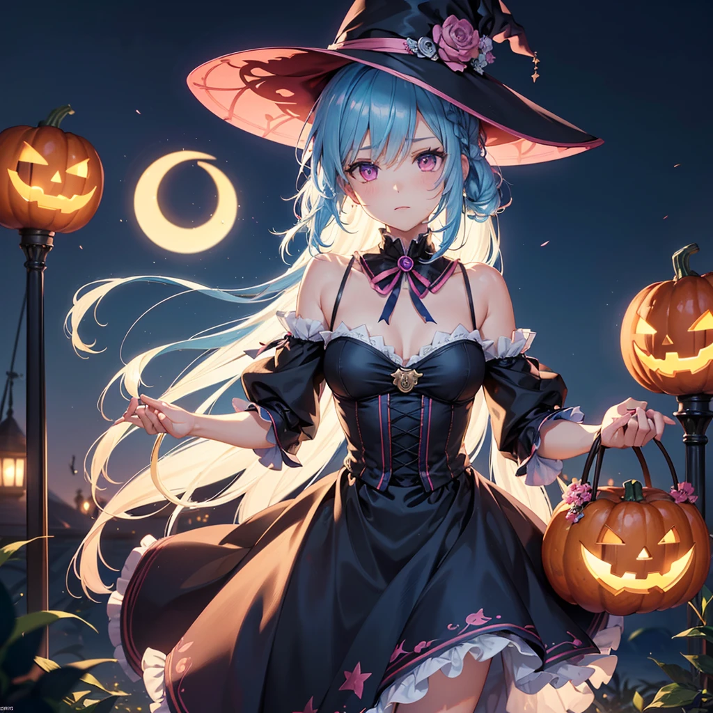 (Sky Blue Hair),(Braided medium hair), (Pink Eyes),Fair skin) ,(whole body),(One Girl),(Crescent Moon),(There are many pumpkin ghosts in the background),(If you don't give me sweets, I'll be mischievous.),Halloween Night Party),(masterpiece, Highest quality, Very detailed, Best Shadow), (Detailed Background), (Beautifully detailed face), High Contrast, (Best lighting, Very delicate and beautiful), ((Cinematic Light)), Hyper Detail,8k, Dramatic Light, Intricate details,Witch's Clothes,Magic broom,night,Flying bats in the sky,