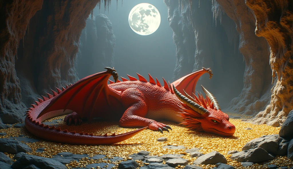 A red dragon with 2 wings sleeps on a bed of golden coins in a cave illuminated by moon light. 