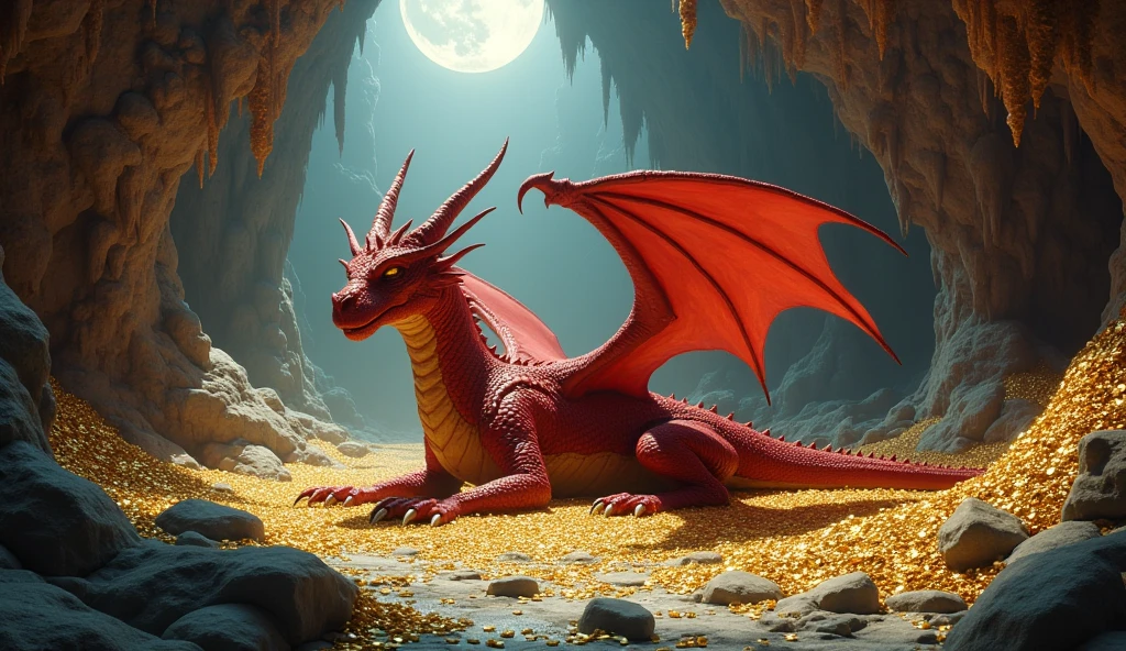 A red dragon with 2 wings sleeps on a bed of golden coins in a cave illuminated by moon light. 