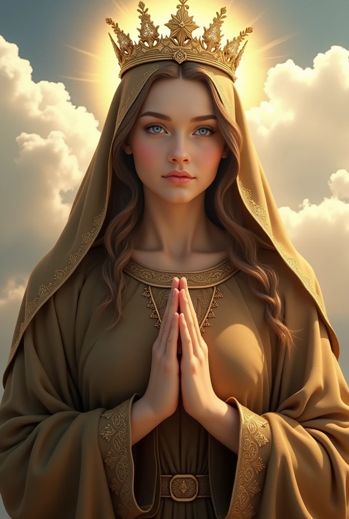 Perfect hand 5 finger, Portrait of a beautiful virgin mary wearing brown clothes of queen with the queen crown shining the light from her head and heart all over in the clouds, virgin mary, real blue eyes, sunny day, intricate details.real virgin mary, straight head face, Straight body.Prayer virgin mary, perfect full body, perfect hands finger,Prayer virgin mary, praying virgin mary backgrounds natural photographic