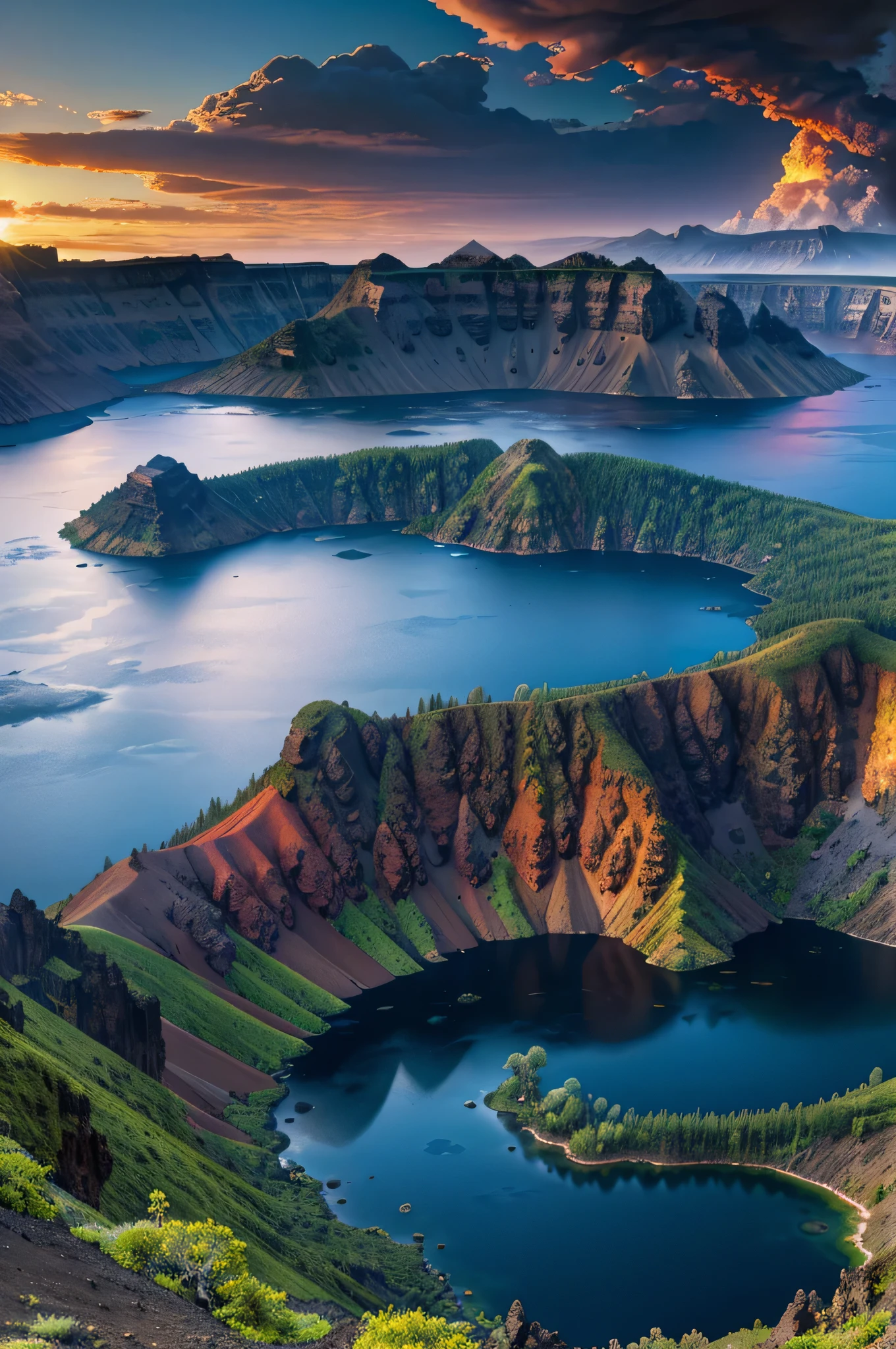 a panoramic shot of the caldera, beautiful detailed landscape, dramatic volcanic scenery, majestic crater lake, rugged terrain, lush foliage, vibrant colors, dynamic lighting, crepuscular rays, dramatic clouds, aerial perspective, hyper detailed, photorealistic, award winning photography, cinematic composition, stunning vista, epic scale, high saturated.