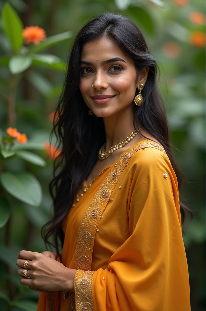 Indian female bob cut hair, expensive silk saree, full length body photograph, looking straight at the camera, big cute smile, sexy figure, golden blouse matching saree, wheatish complexion cute face, North Indian girl, looks like Kiara and Katrina, full body length photo till her feet, full HD quality, 8K