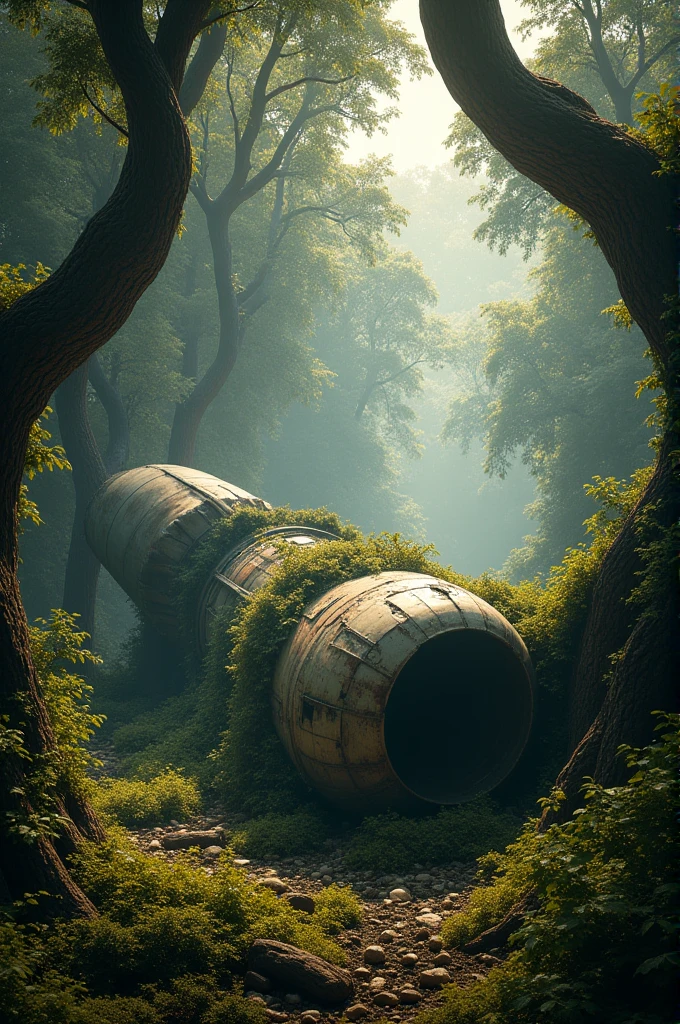 A crashed plane without wings entangled in the vines of giant trees