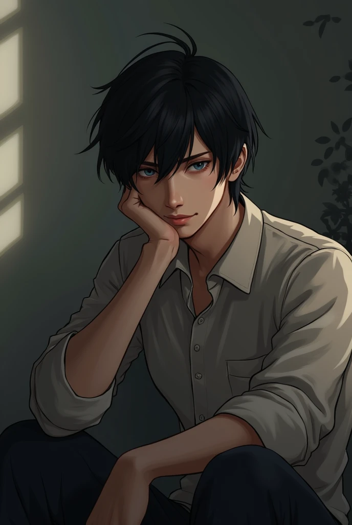 Black medium length hair,male,Eye,Sitting