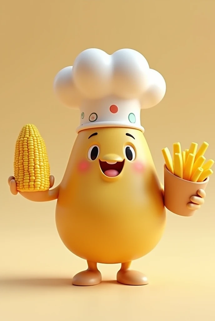 Create a picture of a smiling potato with a cute face, who has a chef&#39;s hat, that has feet and that in the right hand has a prepared corncob and in the left some French fries, that it is a 3D drawing type