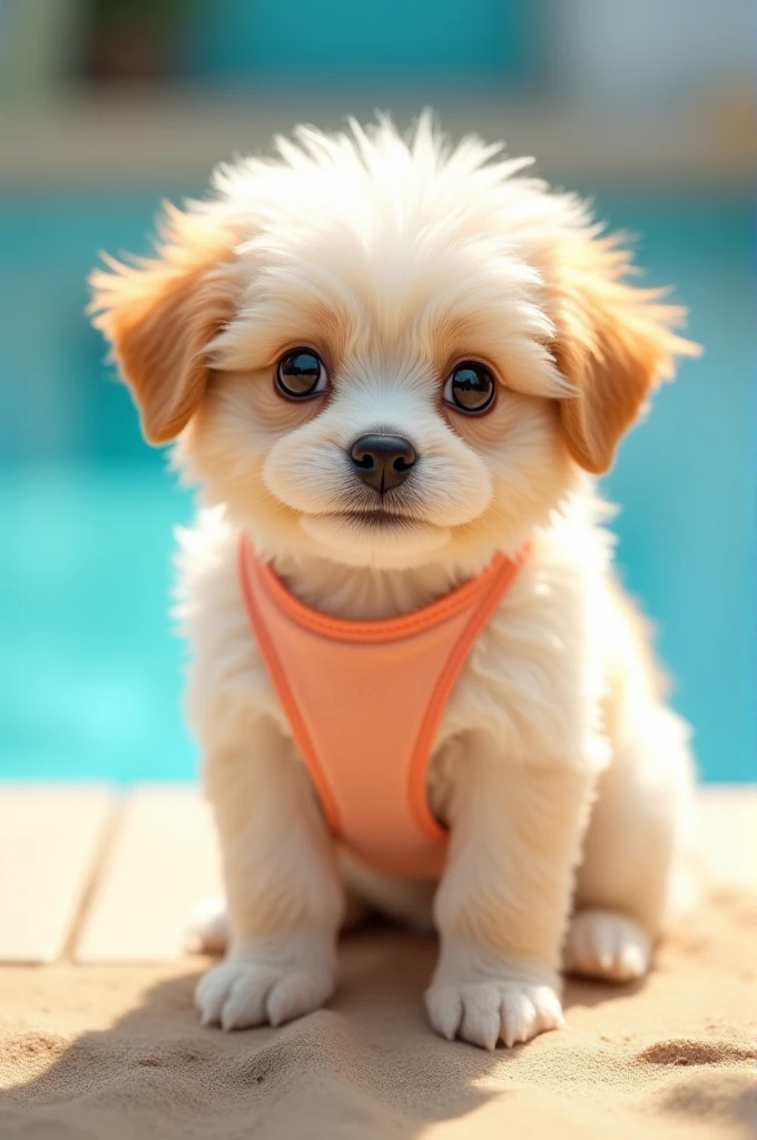 Fluffy puppy showing through in a transparent swimsuit
