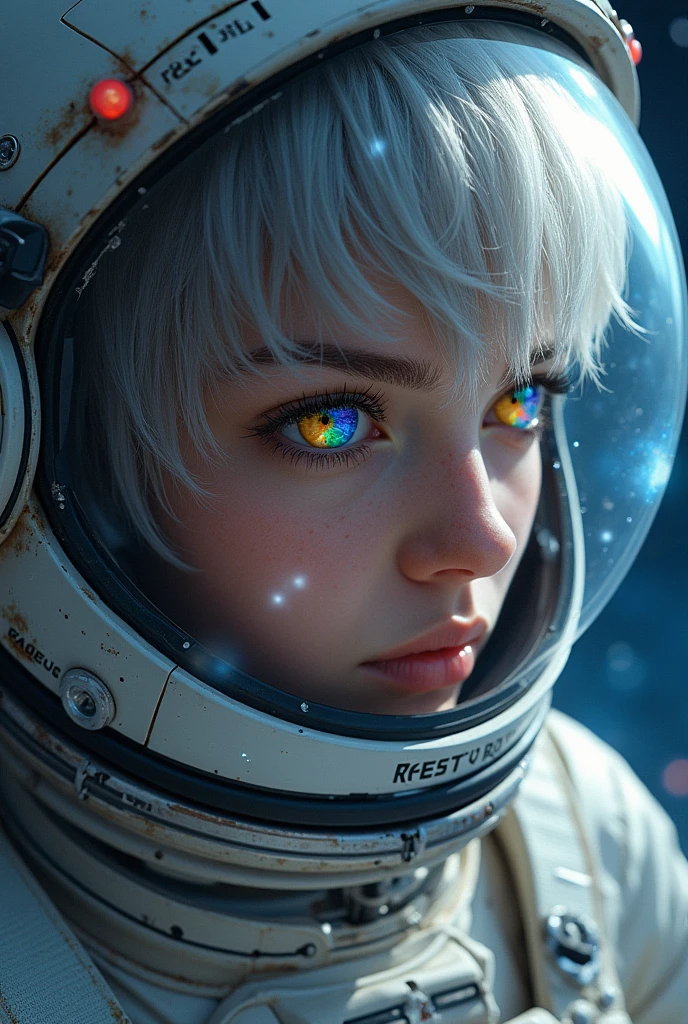 (Close-up of a better masterpiece:1.5)0.9], (Space and astronauts:1.2) (Messy silver hair:1.1) (Heterochromia xanthochromia and blue eyes:1.2) (Space Helmet:1.0) (Colored stars in the eyes:1.0) (A rad