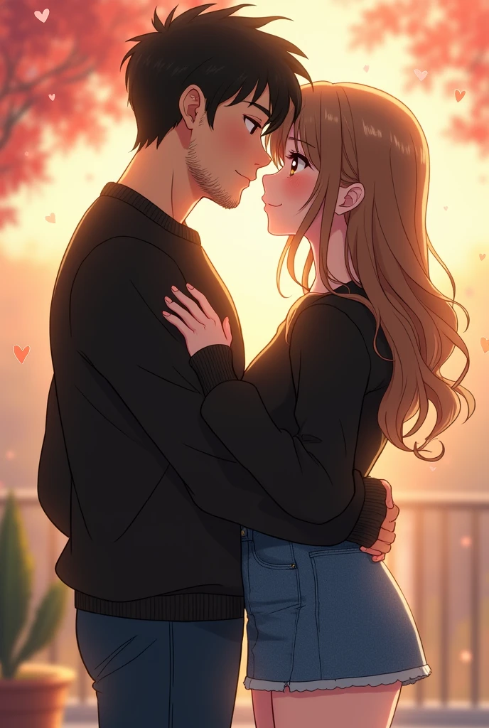 a couple, The slightly chubby girl with white skin,very light brown wavy hair, with light brown eyes, with a jean skirt and a black sweater and the boy with very short, slightly wavy, black hair, with beard, slightly dark skinned, of a black sweater and jeans in anime