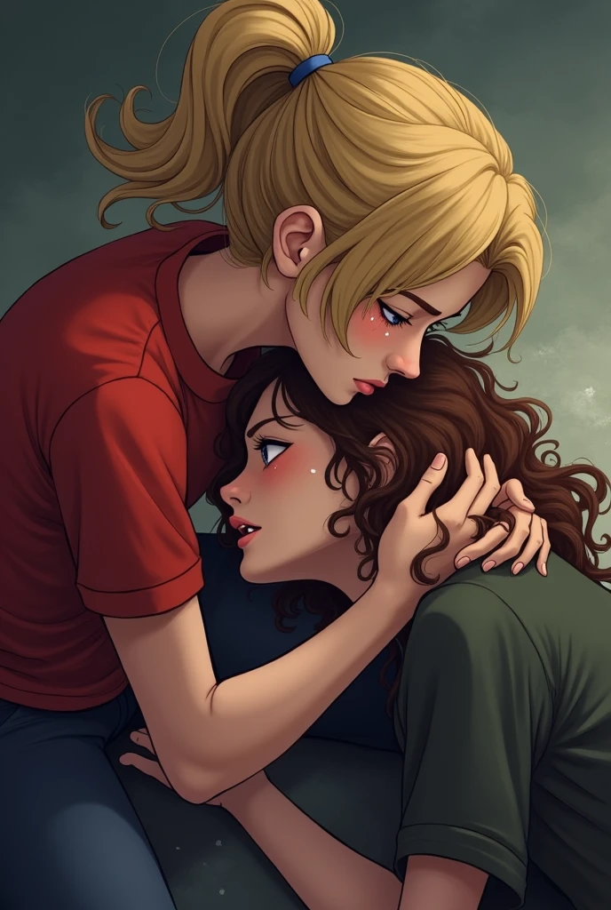 A blonde woman, with curly hair in a ponytail and a red shirt, holding another woman unconscious with brown long curly hair, on the ground in a protective manner, crying, with a dramatic tone, holding her closely against her chest. Create images in various drawing styles, anime and comic