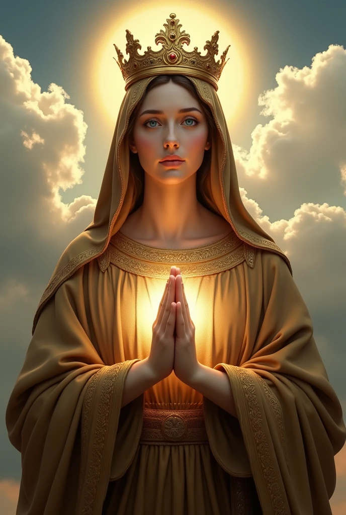 Perfect hand 5 finger, Portrait of a beautiful virgin mary wearing brown clothes of queen with the queen crown shining the light from her head and heart all over in the clouds, virgin mary, real blue eyes, sunny day, intricate details.real virgin mary, straight head face, Straight body.Prayer virgin mary, perfect full body, perfect hands finger,Prayer virgin mary, praying virgin mary backgrounds natural photographic