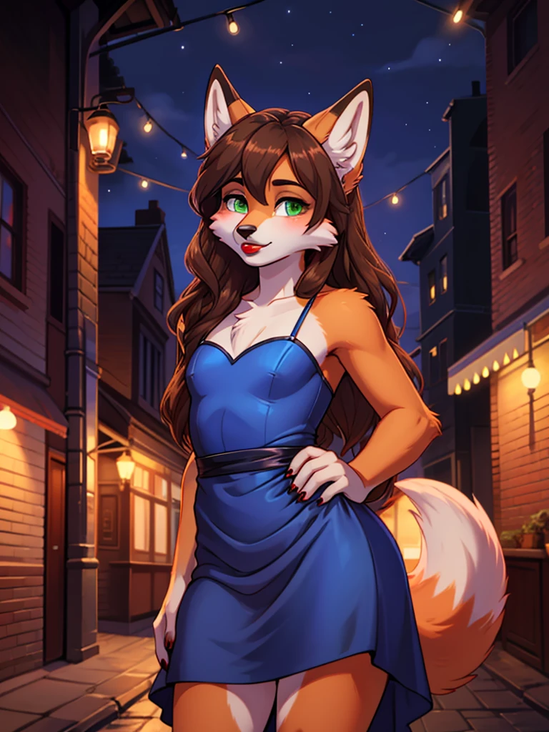 Best quality, furry male fox with green eyes, with brown long hair, with black spout, with red lipstick on lips, big lips, in a blue dress, crossdressing, shy, shows her beauty, sexy pose, portrait, Against the background of the night street