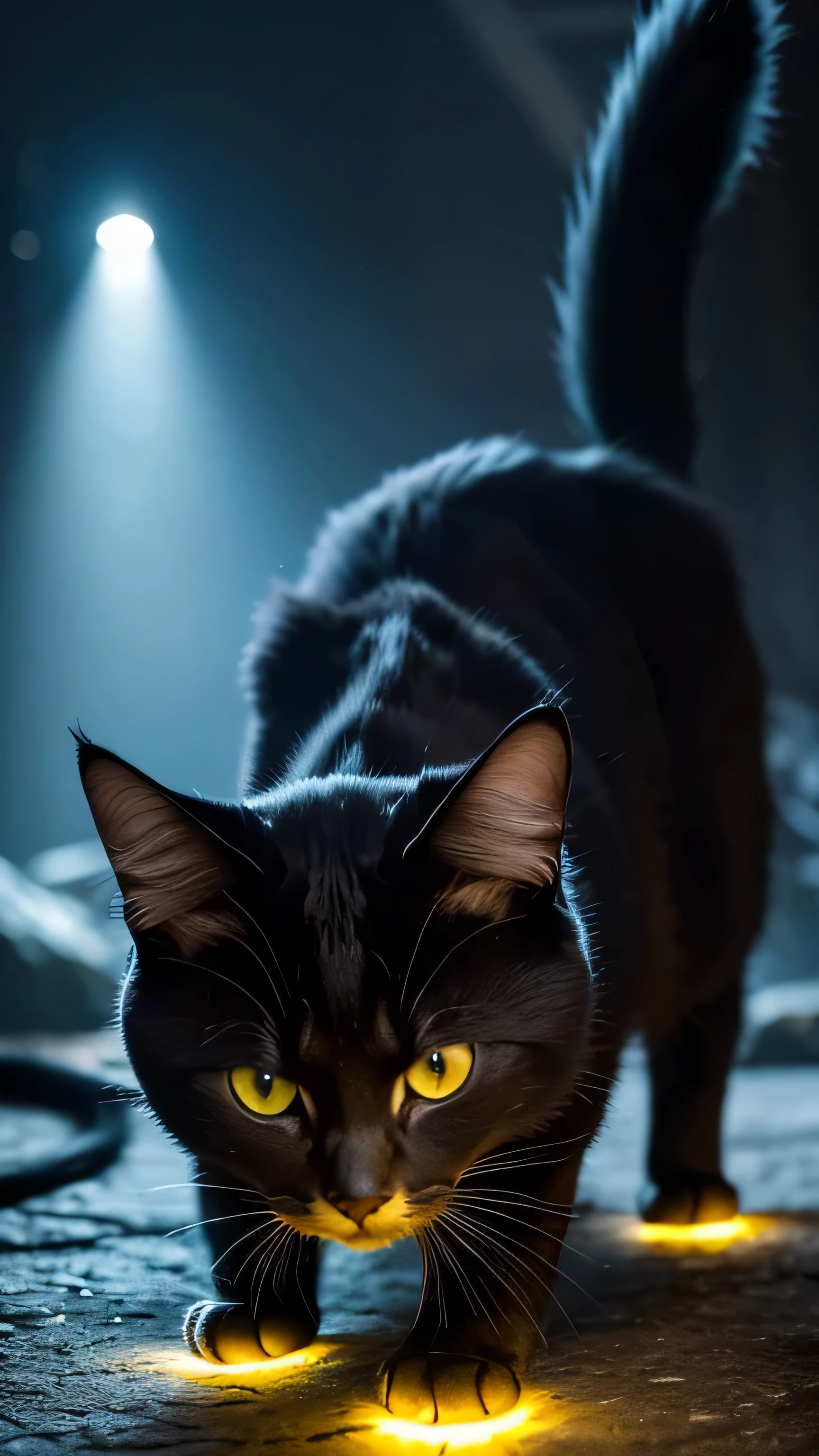 Prompt: Create an ultra-realistic depiction of the Cat Sìth (Cait Sith), a mythical creature from Scottish and Irish folklore. Overall Appearance: The Cat Sìth is depicted as a large, muscular cat, approximately twice the size of a normal domestic cat, comparable in size to a medium-sized dog. Its sleek, powerful body is built for agility and strength, with sharp, retractable claws and long, pointed fangs that are perfect for hunting. Fur: Its fur is a deep, jet-black color that absorbs light, giving it an almost supernatural quality. The coat is thick, smooth, and glossy, blending seamlessly with the darkness. The only contrast is a single small white patch on its chest, standing out against the dark fur. Head: The Cat Sìth’s head is distinctly feline, with large, triangular ears that are always alert, and long, sensitive whiskers. Its eyes are large and piercing, glowing with an eerie yellow or green light that cuts through the night. These eyes are filled with intelligence and cunning, giving the creature a menacing expression. Tail: Its tail is long, bushy, and as dark as the rest of its body, moving fluidly like smoke. This tail helps with balance and adds to its imposing, majestic presence. Special Features: The Cat Sìth exudes a supernatural aura, an eerie presence that chills the air around it. It moves with silent grace, almost melting into the shadows, making it nearly impossible to spot at night. Background: The setting is a desolate, misty moor or an ancient, overgrown graveyard, shrouded in darkness. The atmosphere is thick with tension, and the Cat Sìth is mid-stride, its eyes gleaming in the dim light, as if it’s stalking an unseen prey. The scene captures the mysterious and otherworldly nature of this mythical creature.