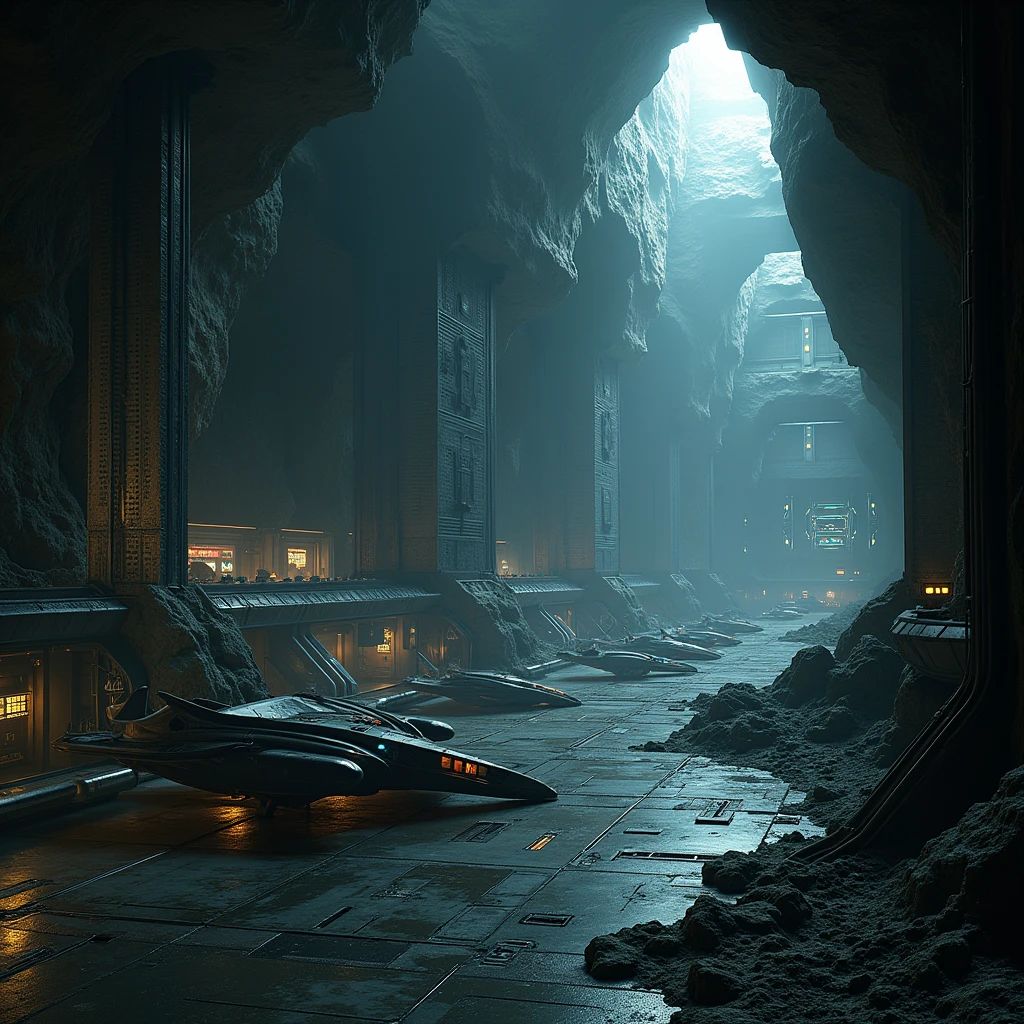 A massive, hidden rebel base deep underground, carved into the rock, with high-tech facilities, hangars for spacecraft, and dimly lit corridors. The walls are lined with futuristic control panels and tactical maps. (masterpiece, ultra detailed, 8K, high resolution, cinematic lighting, dark atmosphere, photorealistic)