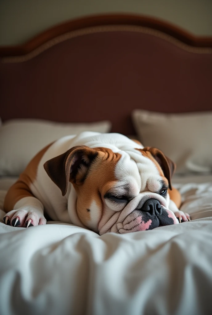Bulldog sleeping in a king bed