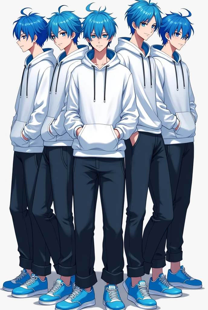 Young Boys, hair blue, blue eyes, hoddie white, long black trousers, shoes blue, face cool