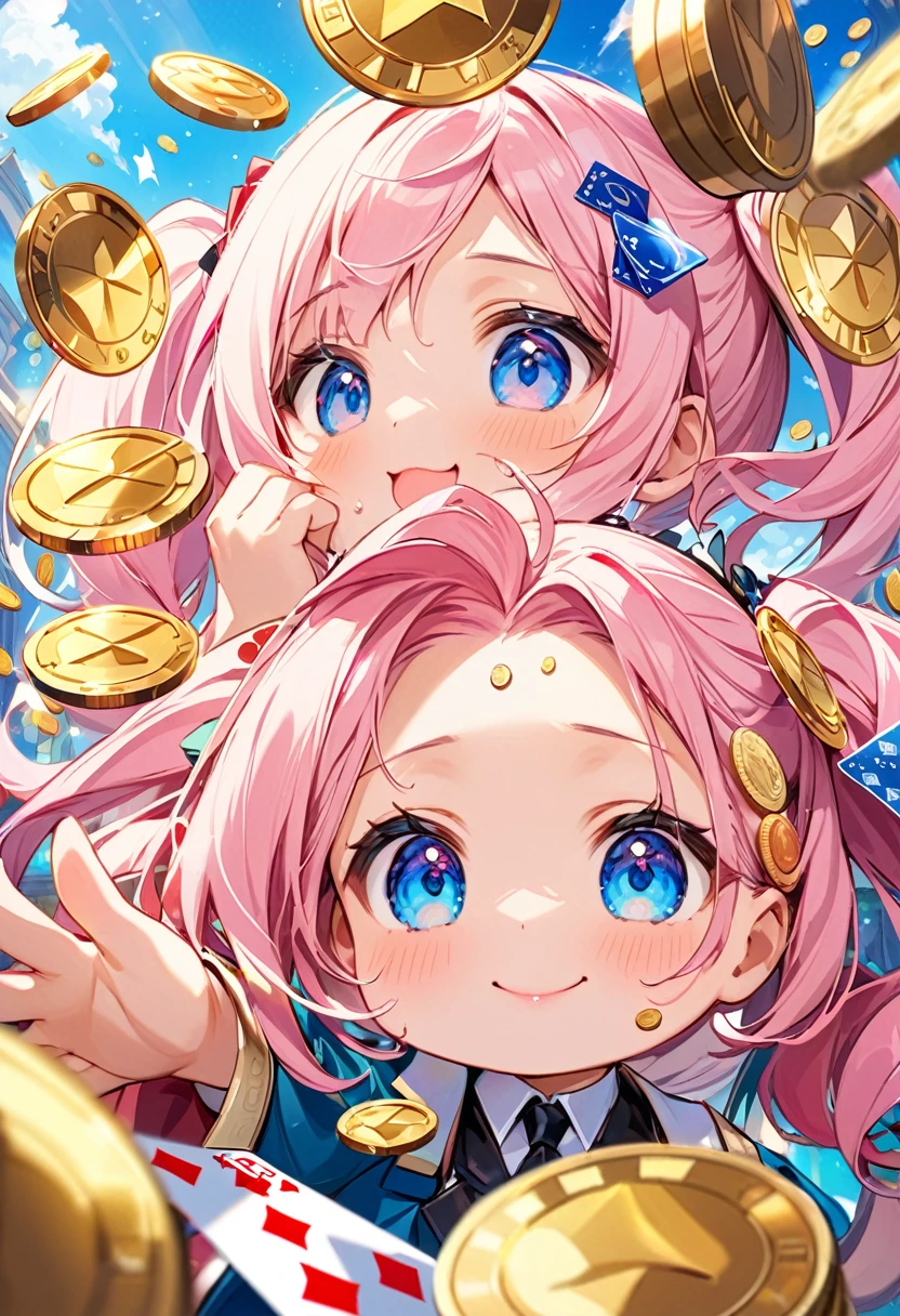 Highest quality、High resolution、Detailed Background、Beautiful face in every detail、Anatomically correct、Detailed facial expressions、fine grain、((Eyes close up, from below:1.8, side shot, looking away:1.2)), break ((One Girl:1.2)、((Chibi Girl:1.2)))、Bright pretty hair color、Big beautiful blue eyes、Fuller lips、Pink Lips、Braided twin tails、Ahoge、(Play Indian Poker:1.2)、(Cute formal wear、cute leather shoes)、break (Raise one arm and place your hand above your head、Holding the ace of spades playing card:1.2)、(Poker face:1.2、A small smile:1.2、Sweat on the forehead、The sweat that had been running down my cheeks now drips down my chin.)、(Casino background:1.2、Many spectators、Coins and bills are flying)