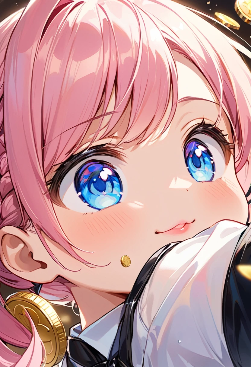 Highest quality、High resolution、Detailed Background、Beautiful face in every detail、Anatomically correct、Detailed facial expressions、fine grain、((Eyes close up, from below:1.8, side shot, looking away:1.2)), break ((One Girl:1.2)、((Chibi Girl:1.2)))、Bright pretty hair color、Big beautiful blue eyes、Fuller lips、Pink Lips、Braided twin tails、Ahoge、(Play Indian Poker:1.2)、(Cute formal wear、cute leather shoes)、break (Raise one arm and place your hand above your head、Holding the ace of spades playing card:1.2)、(Poker face:1.2、A small smile:1.2、Sweat on the forehead、The sweat that had been running down my cheeks now drips down my chin.)、(Casino background:1.2、Many spectators、Coins and bills are flying)
